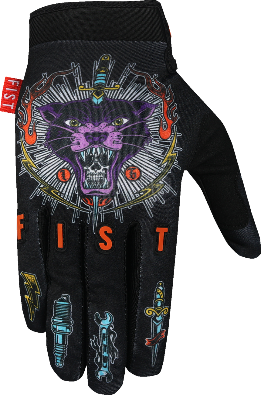 FIST HANDWEAR Strapped Greg Lutzka Red Label Panther Gloves in 2XL with red straps and black design, close-up view.