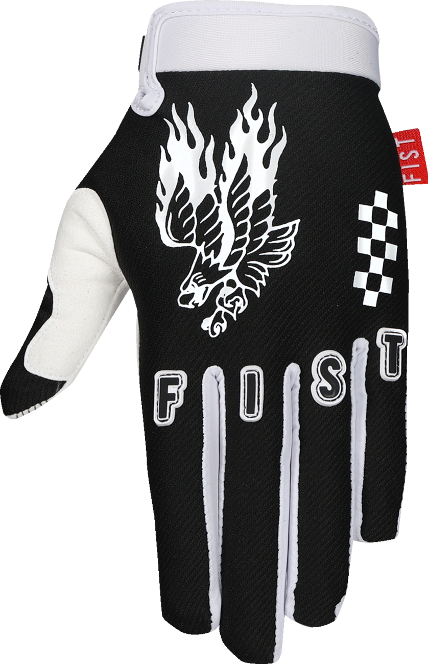 FIST HANDWEAR Strapped Baxter Maiwald Red Label Soaring Eagle gloves in red, XS size, with black straps and eagle design.
