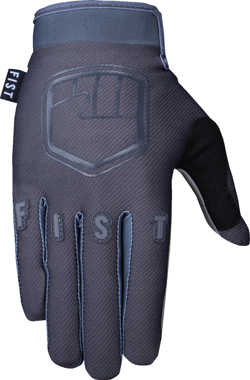 Gray youth strapped stocker gloves by FIST HANDWEAR, size XS, with reinforced straps and textured palms for improved grip.