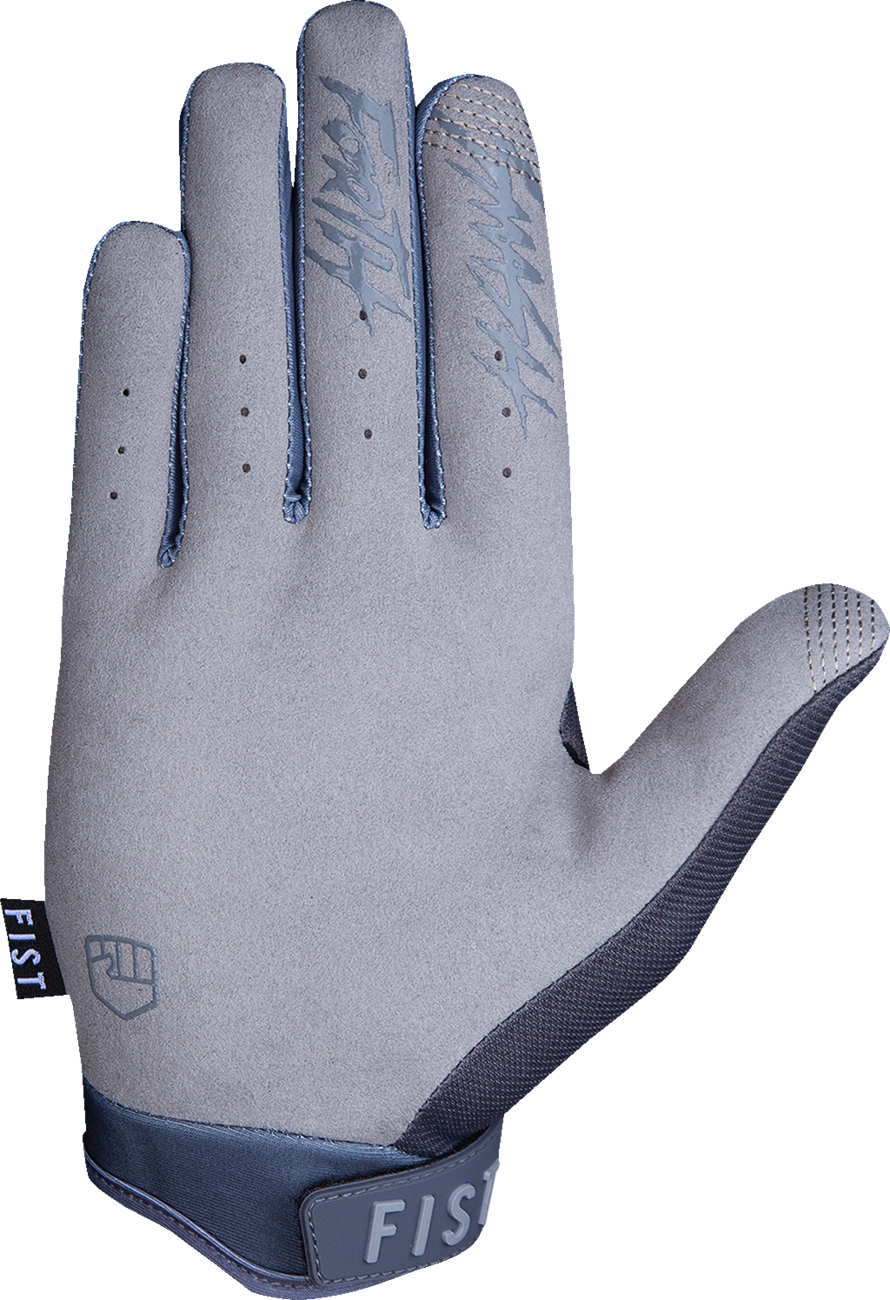 Gray youth strapped stocker gloves by FIST HANDWEAR in size XS, showing the gloves with adjustable straps and textured grip surfaces.