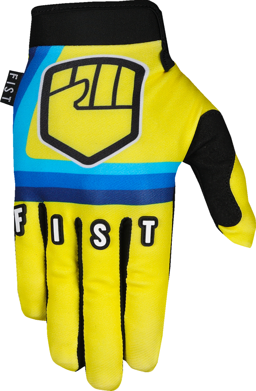 Yellow FIST HANDWEAR Strapped 90's gloves in size XS with black strap detail, showing the textured fabric and strap closure.