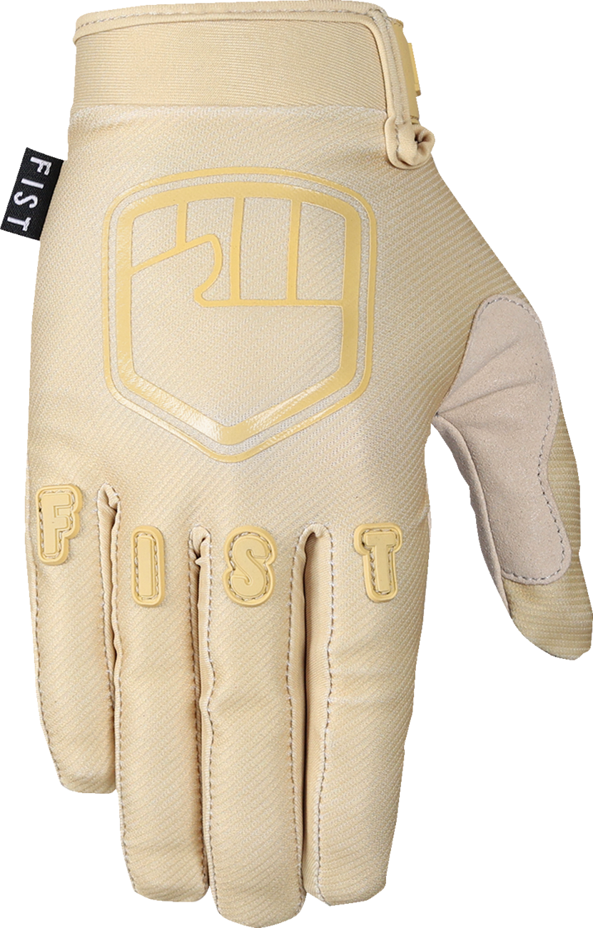 FIST HANDWEAR youth strapped stocker gloves in khaki, medium size, showing the gloves with strap closure and textured fabric.