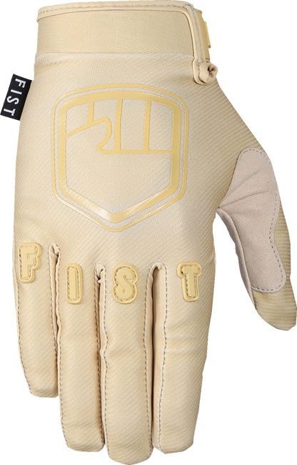 FIST HANDWEAR youth strapped stocker gloves in khaki, medium size, showing the gloves with strap closure and textured fabric.