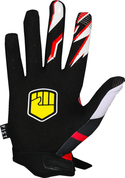 Red FIST HANDWEAR Strapped 90's Gloves with black straps, showing detailed stitching and logo on the back of the hand.