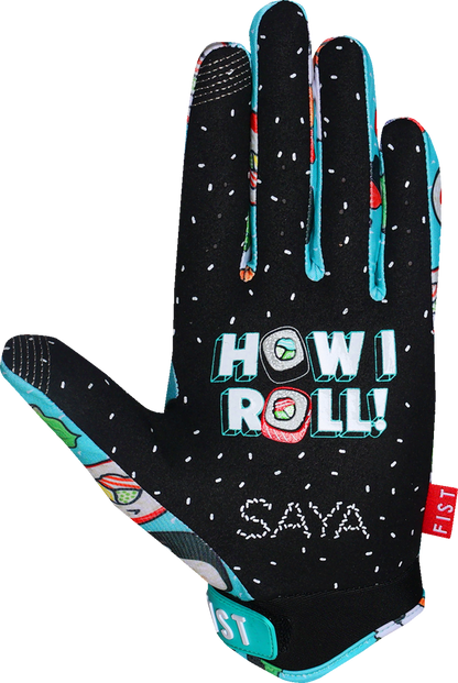 FIST HANDWEAR Strapped Saya Sakakibara Red Label Sushi Power Gloves in red, showing the padded fingerless boxing gloves with straps.