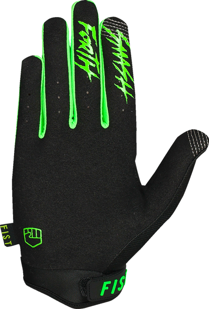 FIST HANDWEAR Youth Strapped Stocker Gloves in fluoro green, small size, with adjustable straps and padded palms for hand protection.