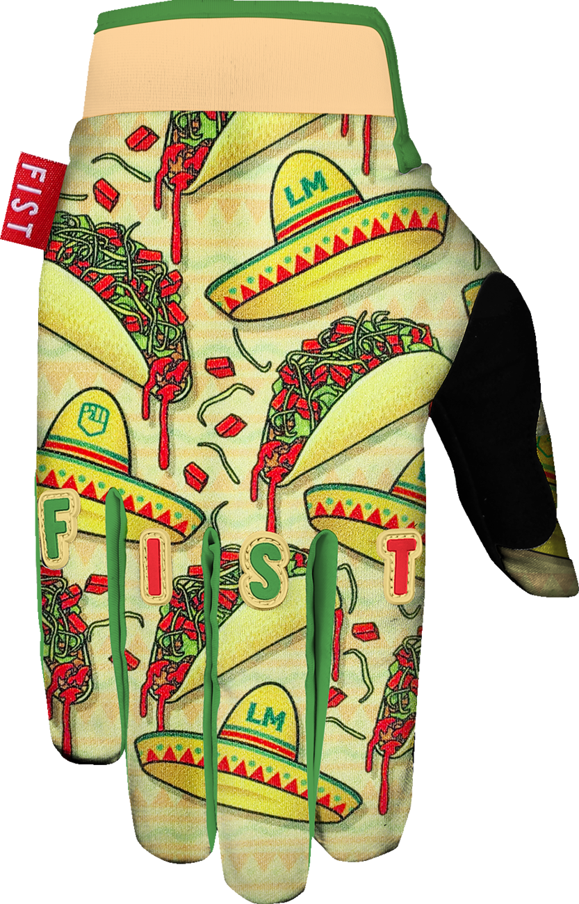 FIST HANDWEAR Logan Martin Red Label Taco Tuesday gloves in 2XS with strap, red color, and logo details.