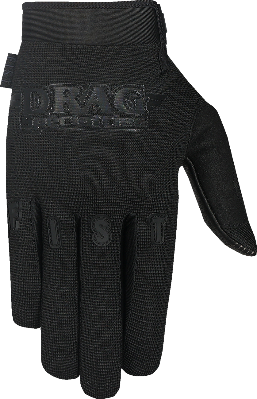 FIST HANDWEAR Drag Specialties black gloves in size 2XS, showing reinforced palms and adjustable wrist strap.