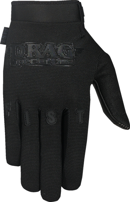 FIST HANDWEAR Drag Specialties black gloves in size 2XS, showing reinforced palms and adjustable wrist strap.