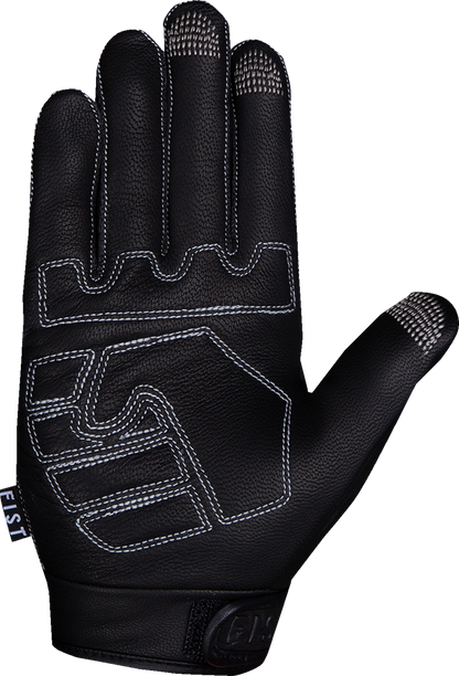 Black FIST HANDWEAR Road Warrior leather gloves in 2XS size, showing detailed stitching and durable leather construction.