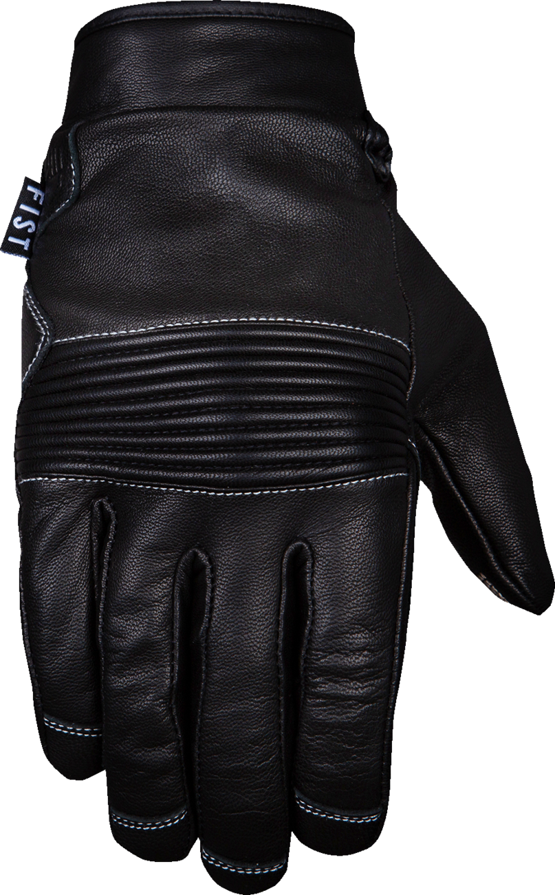 Black FIST HANDWEAR Road Warrior leather gloves in XS size, showing detailed stitching and snug fit for motorcycle riding.