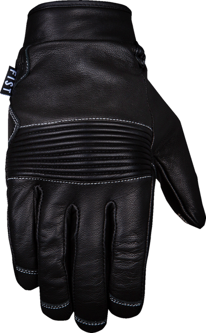 Black FIST HANDWEAR Road Warrior leather gloves in XS size, showing detailed stitching and snug fit for motorcycle riding.