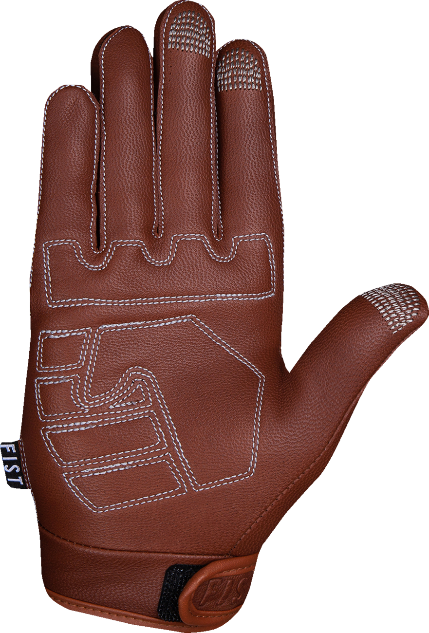 FIST HANDWEAR Road Warrior leather gloves in tan, medium size, showing detailed stitching and rugged design