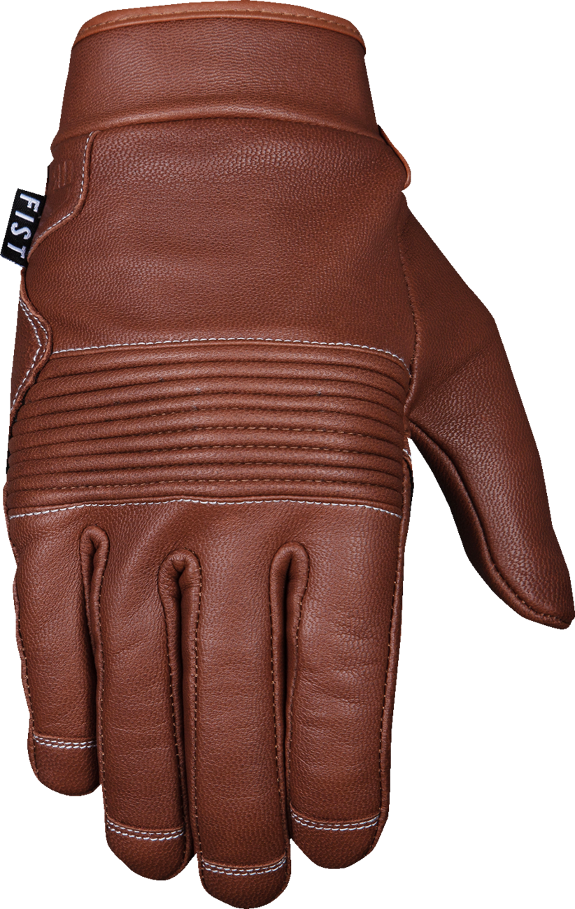 FIST HANDWEAR Road Warrior leather gloves in tan, large size, featuring durable stitching and a snug fit for motorcycle riding.