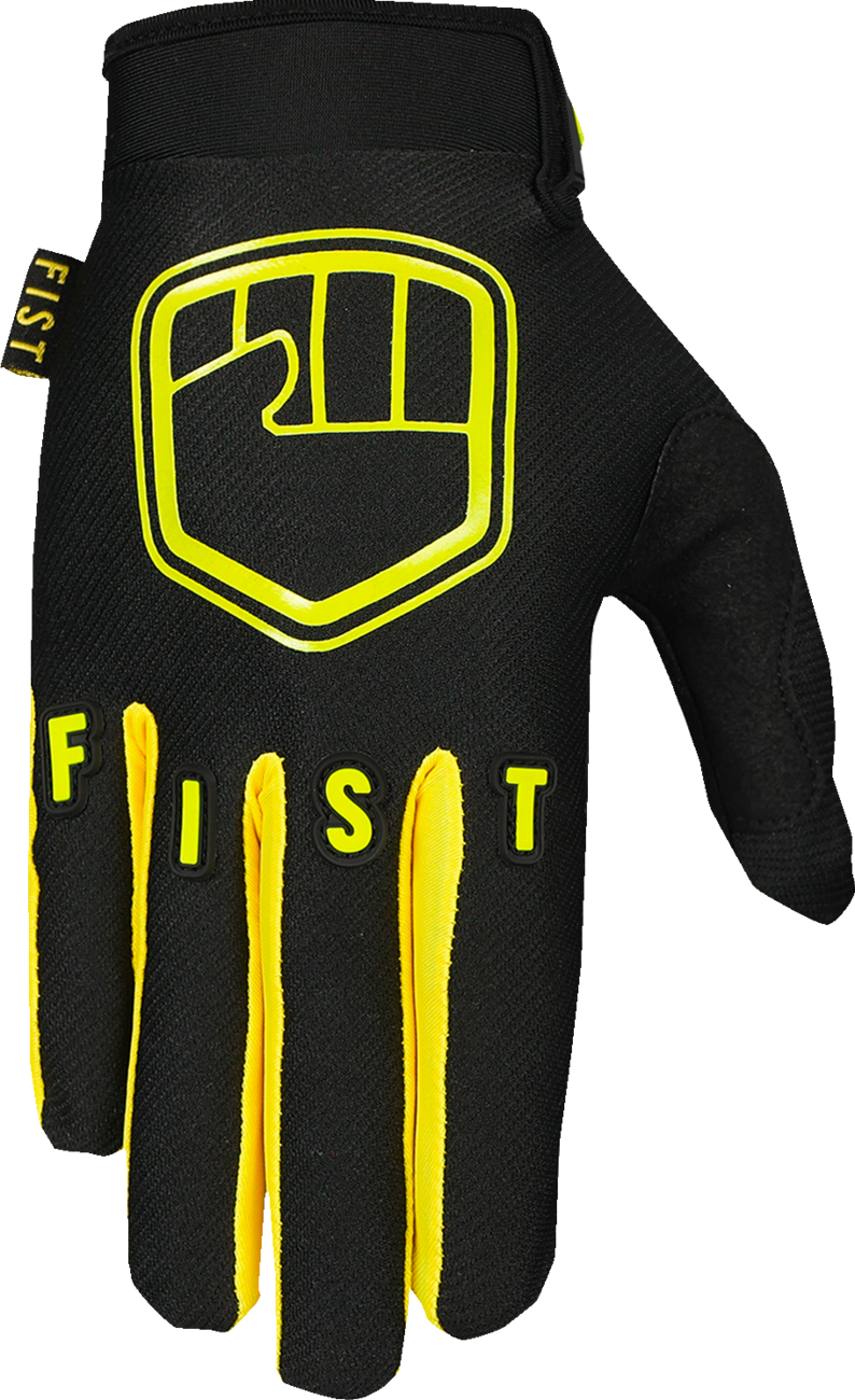 FIST HANDWEAR Strapped Stocker Gloves in fluoro yellow, XL size, showing padded fingers and adjustable strap for secure fit.