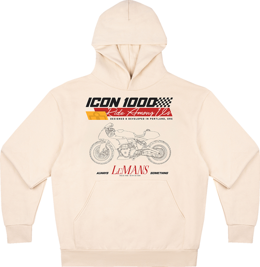 ICON Always Something™ hoodie in ivory, large size, made of 75% cotton and 25% polyester, displayed on a hanger.