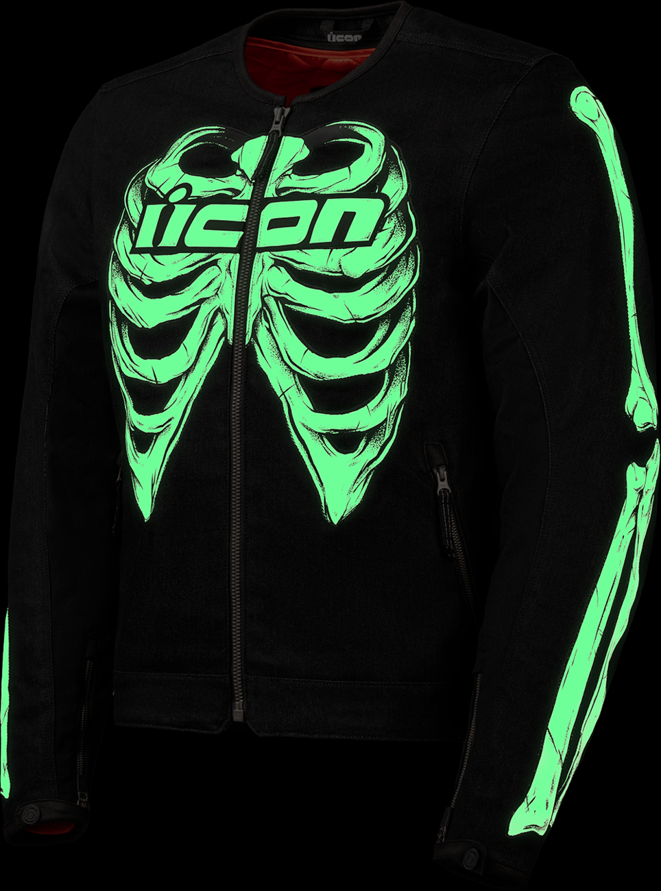 Black ICON Crestfallen™ jacket with hood and logo details, shown on a hanger.