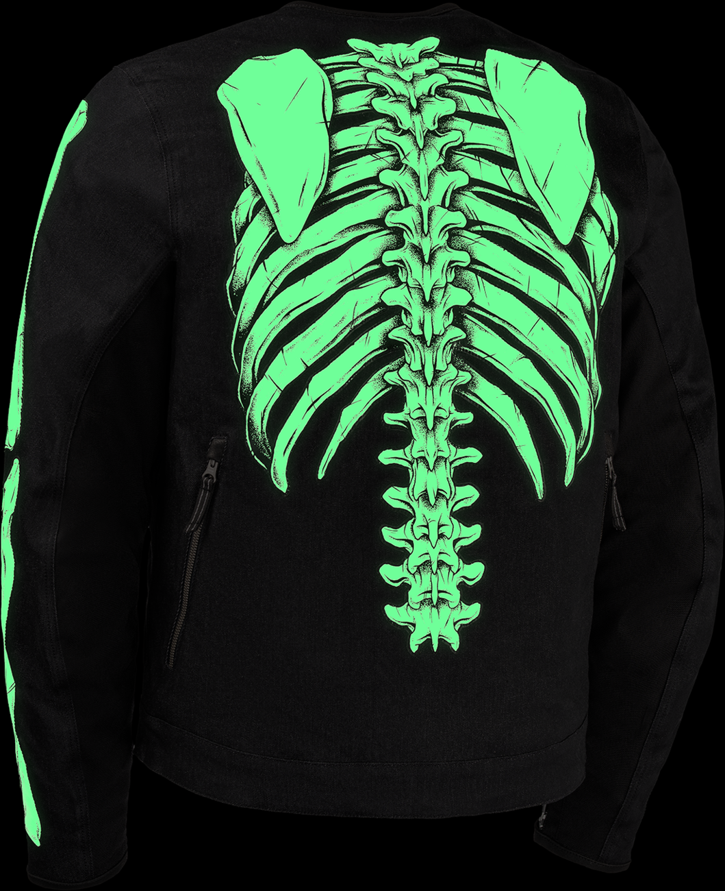 Black ICON Crestfallen™ jacket with front zipper and hood, featuring the ICON logo on the chest.