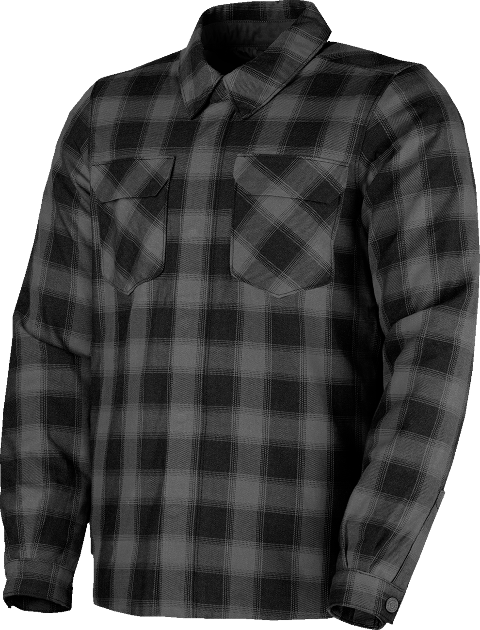 Men's ICON Fallblock Flannel Jacket in black, motorcycle-inspired casual wear with button-up front and plaid pattern.