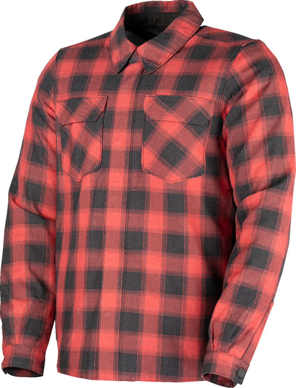 Red ICON Fallblock Flannel Jacket in XL, featuring a classic button-up design and checkered pattern, displayed on a hanger.