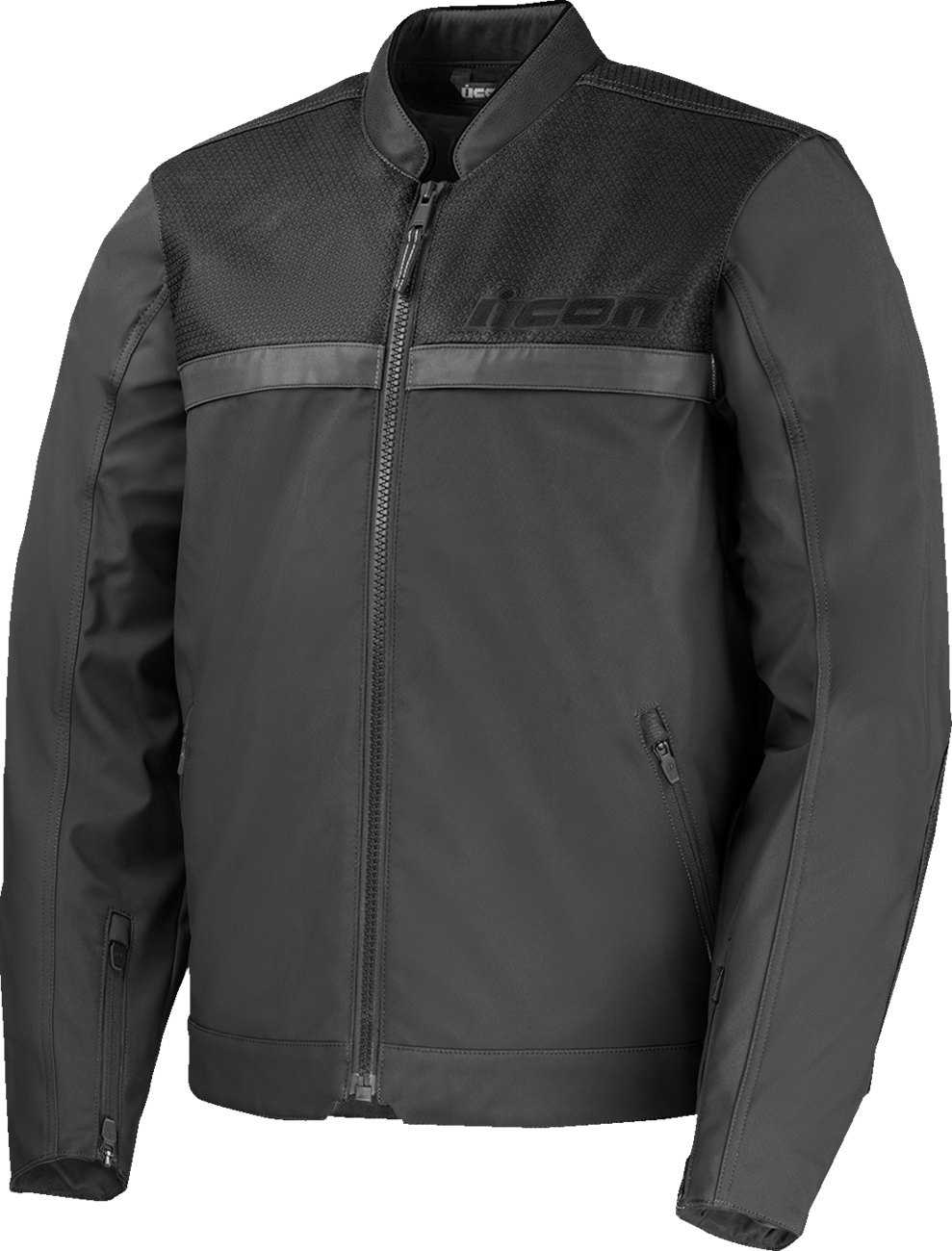 Black ICON Midhawk™ jacket with AirFly mesh panel and D3O impact protectors, shown on a mannequin.