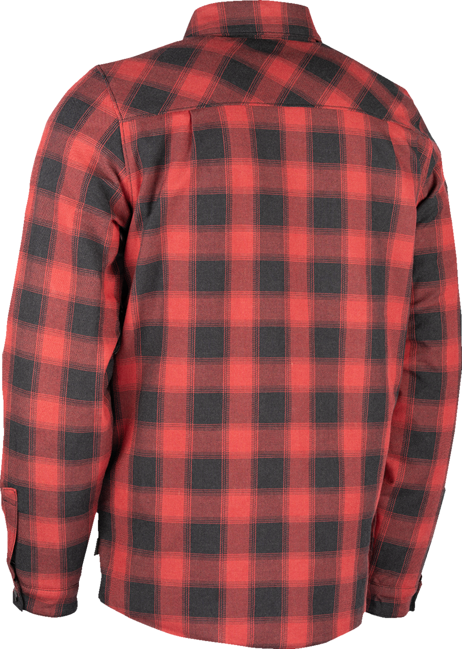 ICON Fallblock Flannel Jacket in red, large size, featuring a classic plaid design and button-up front.