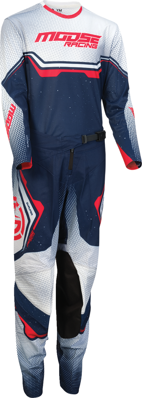 MOOSE OFFROAD Youth Qualifier® pants in red, white, and blue, US size 28, showing durable motocross riding gear design