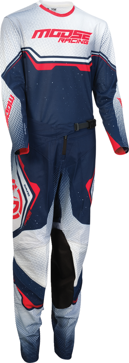 MOOSE OFFROAD Youth Qualifier® pants in red, white, and blue, US size 28, showing durable motocross riding gear design