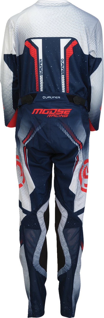 Youth Moose Offroad Qualifier® pants in red, white, and blue, US size 28, shown with padded knee protection and durable fabric