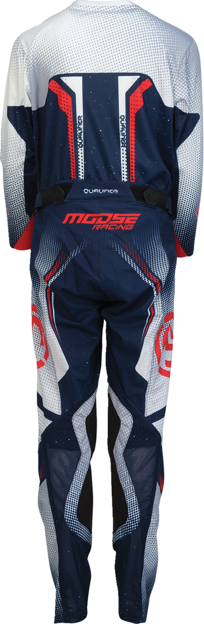 Youth Moose Offroad Qualifier® pants in red, white, and blue, US size 28, shown with padded knee protection and durable fabric