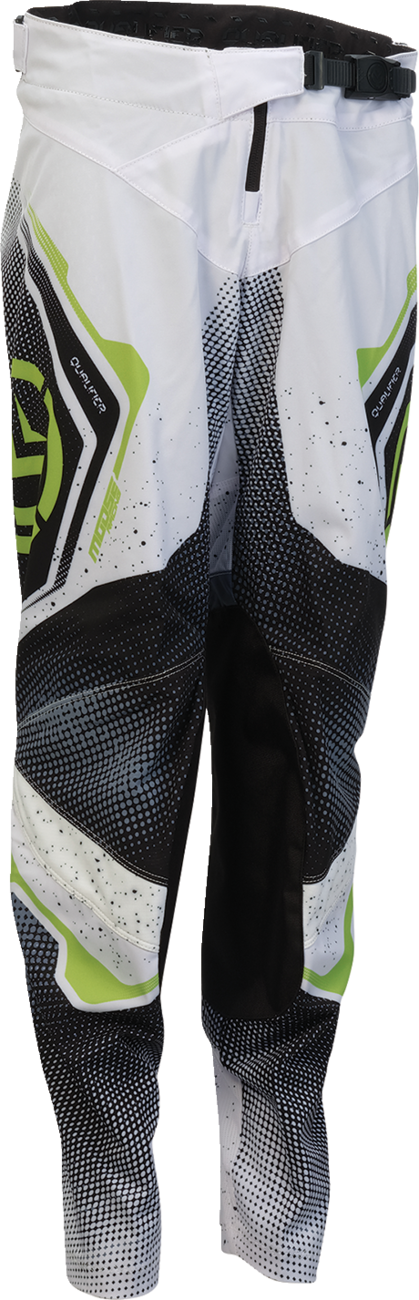 Moose Offroad Youth Qualifier® Pants in white, black, and green with US size 28, featuring durable off-road riding gear.