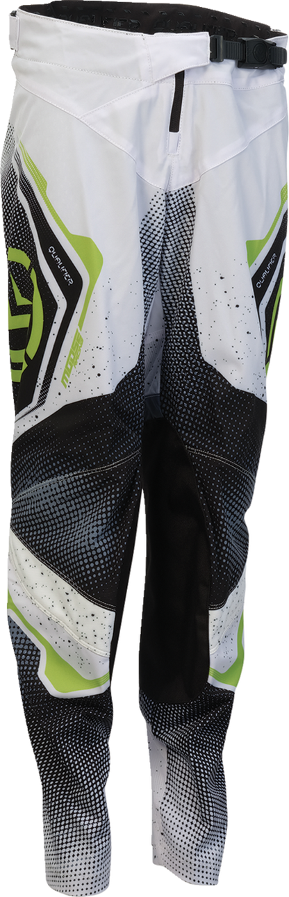 Moose Offroad Youth Qualifier® Pants in white, black, and green with US size 28, featuring durable off-road riding gear.