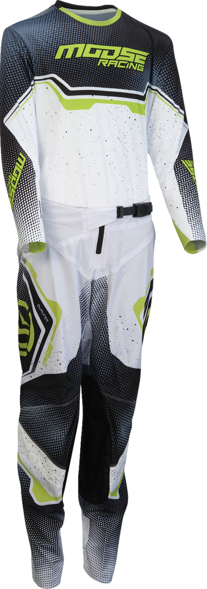 Moose Offroad Youth Qualifier® Pants in white, black, and green, US size 28, showing the multi-color motocross pants.