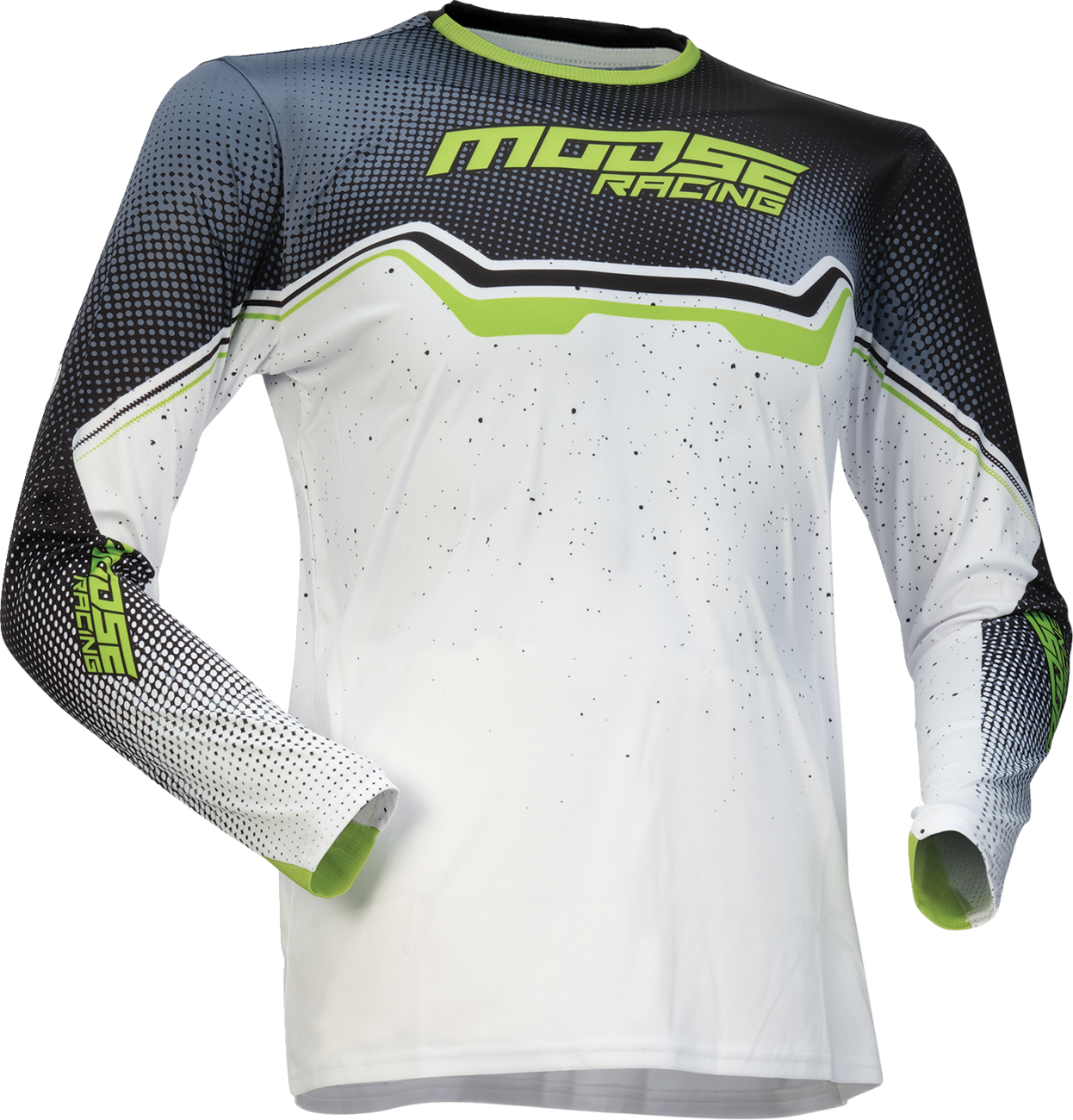 Youth Moose Offroad Qualifier jersey in white, black, and green displayed on a mannequin, size small.
