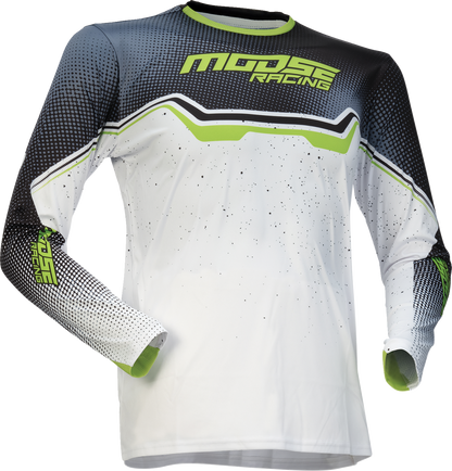 Youth Moose Offroad Qualifier jersey in white, black, and green displayed on a mannequin, size small.