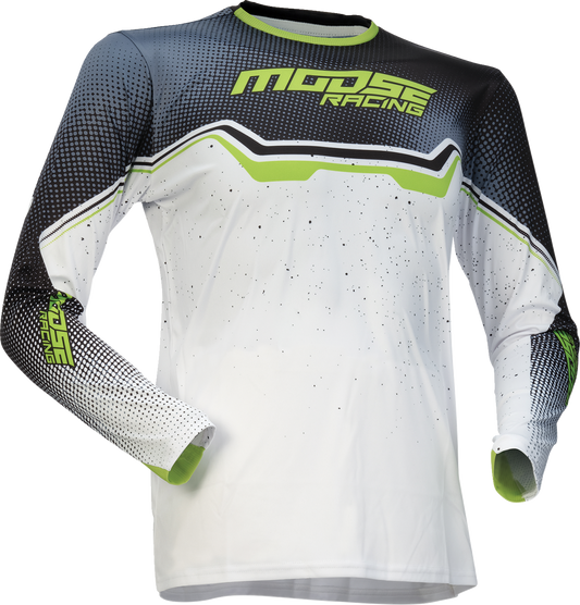 Youth Moose Offroad Qualifier jersey in white, black, and green displayed on a mannequin, size small.