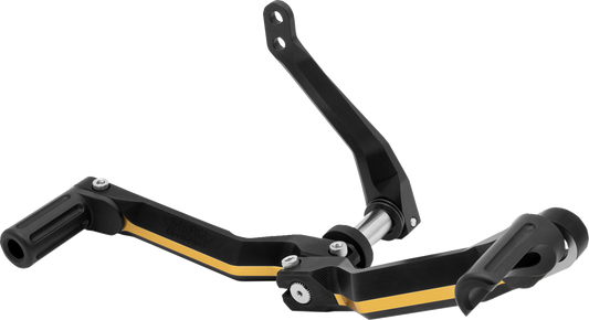 Black and gold adjustable motorcycle heel and toe shifter foot controls by DRAG SPECIALTIES for RCT models.
