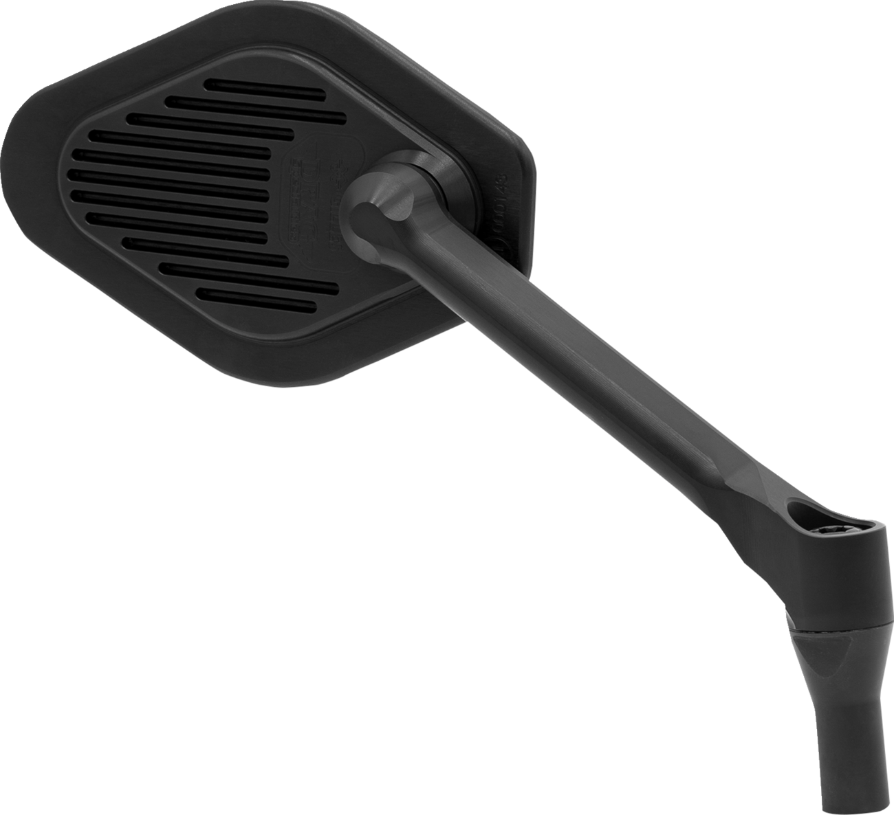 Adjustable DRAG SPECIALTIES M03-10R diamond black short stem right motorcycle mirror on a bike handlebar.