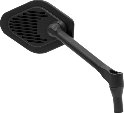 Adjustable DRAG SPECIALTIES M03-10R diamond black short stem right motorcycle mirror on a bike handlebar.