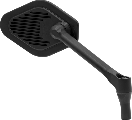 Adjustable DRAG SPECIALTIES M03-10R diamond black short stem right motorcycle mirror on a bike handlebar.