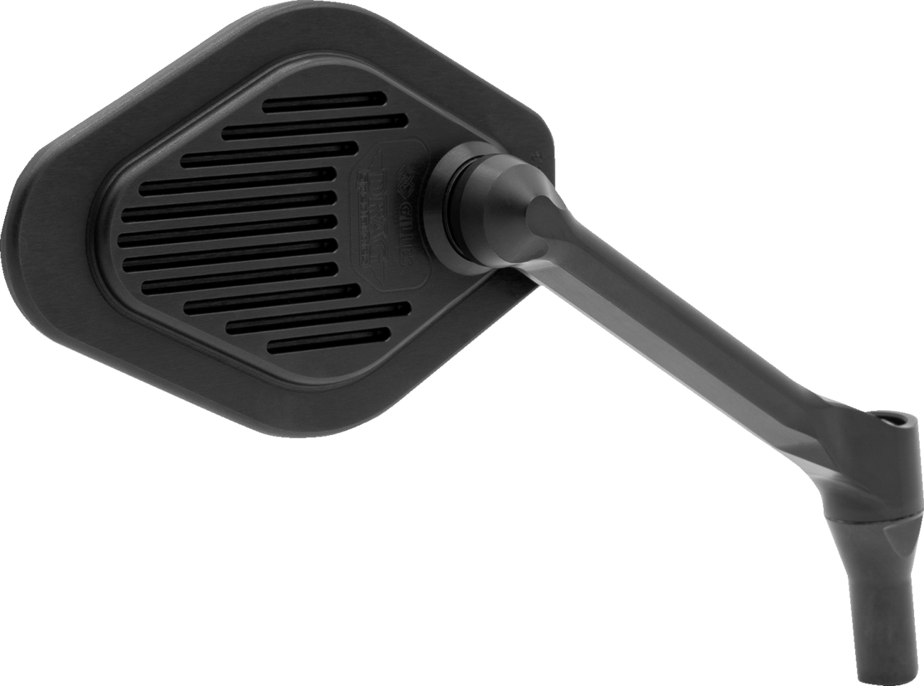 Diamond black right motorcycle mirror with short stem, adjustable design by Drag Specialties for custom cruiser bikes.