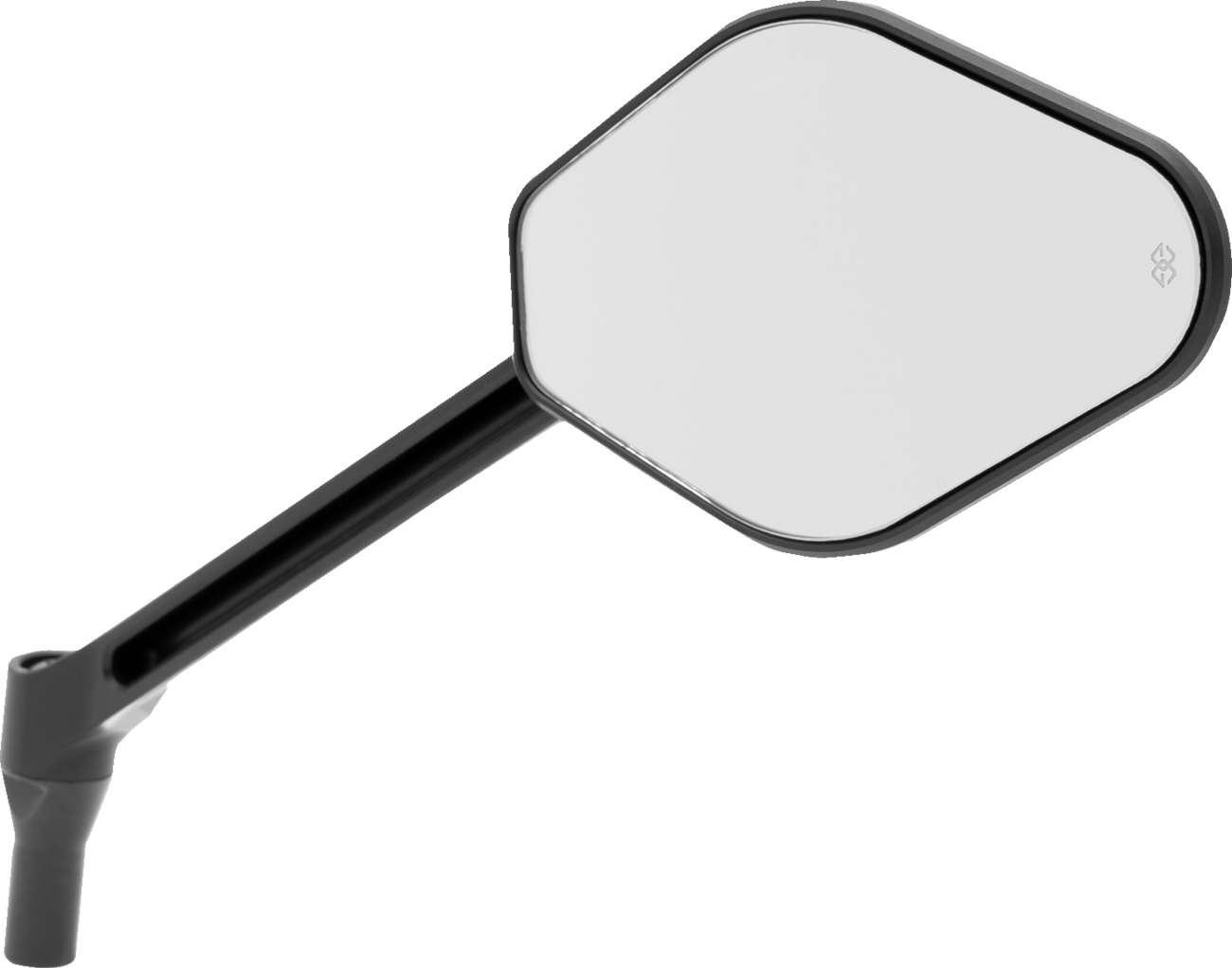 Drag Specialties M03-11-R black long stem motorcycle mirror with adjustable diamond design, mounted on a motorcycle handlebar.