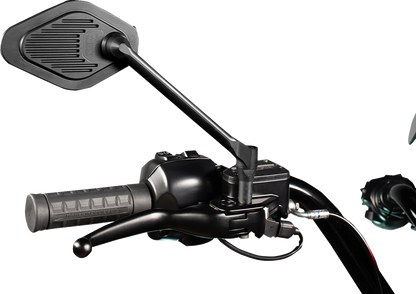 Drag Specialties M03-11-R black adjustable motorcycle mirror with long stem and diamond shape, mounted on a motorcycle handlebar.