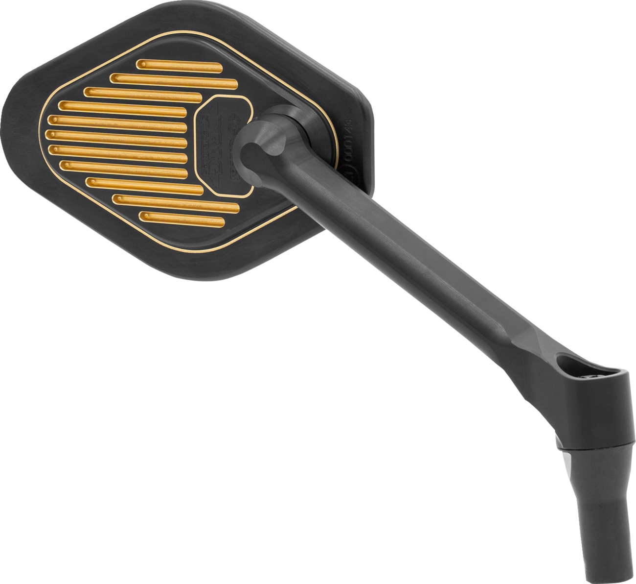 Black and gold DRAG SPECIALTIES M03-06R adjustable diamond mirror with short stem for Harley-Davidson motorcycles.