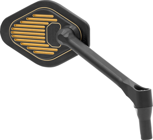 Black and gold DRAG SPECIALTIES M03-06R adjustable diamond mirror with short stem for Harley-Davidson motorcycles.