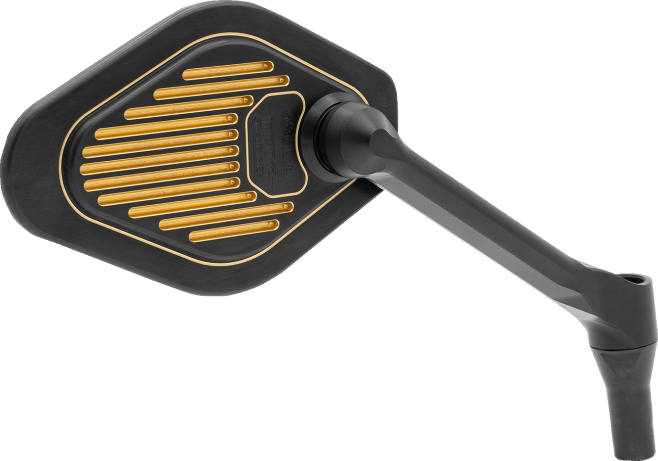 DRAG SPECIALTIES M03-06R adjustable diamond mirror for Harley-Davidson, short stem, black and gold finish, mounted on motorcycle handlebar.