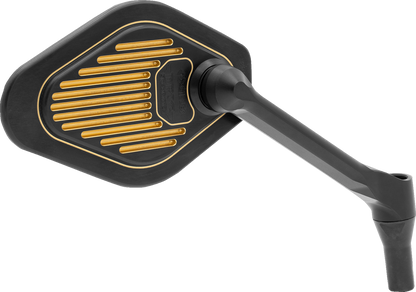 DRAG SPECIALTIES M03-06R adjustable diamond mirror for Harley-Davidson, short stem, black and gold finish, mounted on motorcycle handlebar.