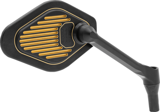 DRAG SPECIALTIES M03-06R adjustable diamond mirror for Harley-Davidson, short stem, black and gold finish, mounted on motorcycle handlebar.