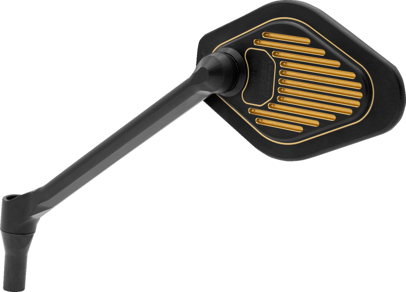 Black and gold adjustable diamond motorcycle mirror with long stem by Drag Specialties, model M03-12L.