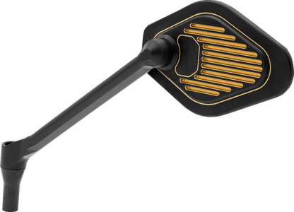 Black and gold adjustable diamond motorcycle mirror with long stem by Drag Specialties, model M03-12L.